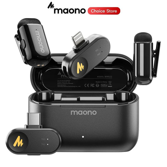 MAONO Wave T1 Mini Wireless Microphones Lavalier Microphone Noise Cancelling App Control Auto Clipping Recording Streaming Mic