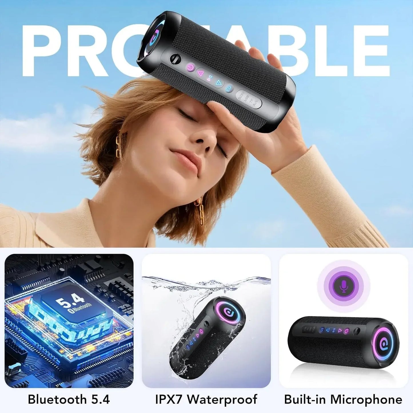 Portable Bluetooth Speaker, Bluetooth 5.4 Speaker, 30W Dual Speaker, Deep Bass, 30H Playtime, 3 EQ Mode, Colorful RGB Lights