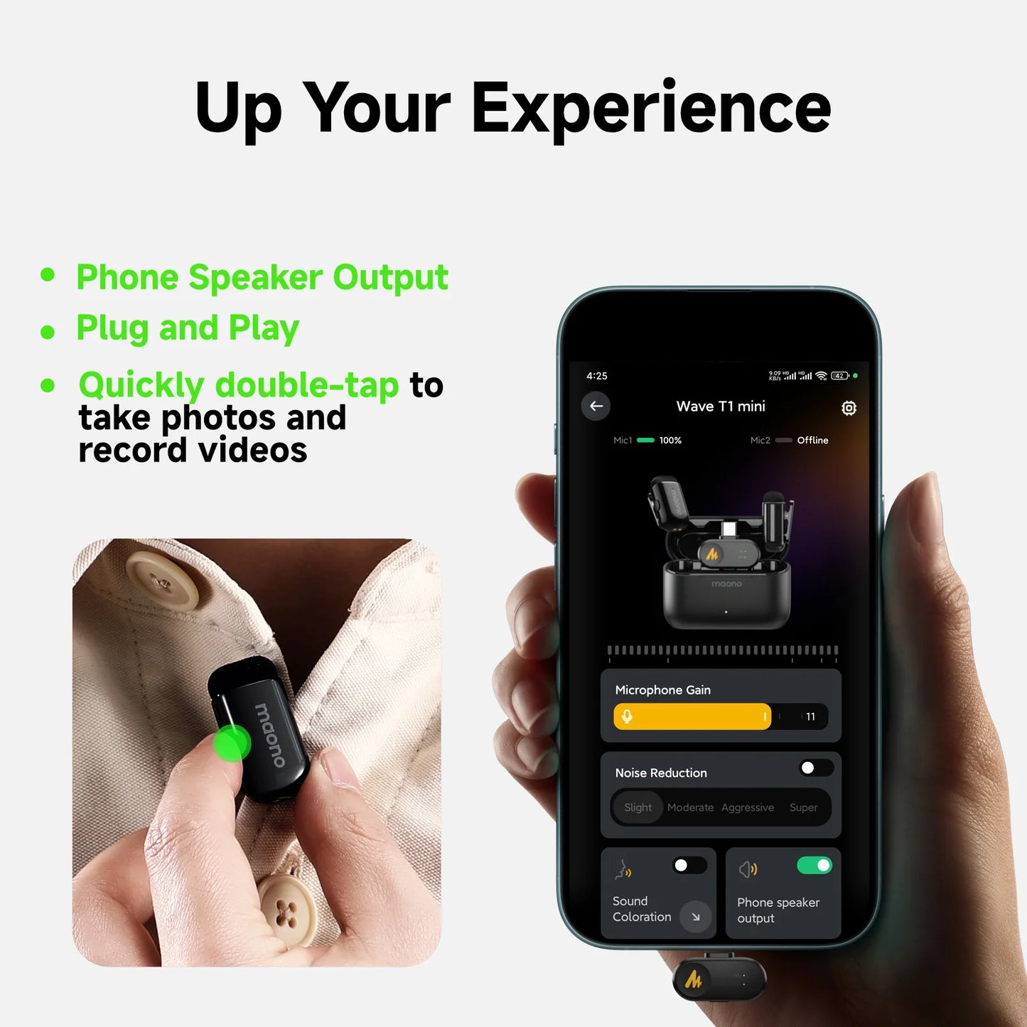 MAONO Wave T1 Mini Wireless Microphones Lavalier Microphone Noise Cancelling App Control Auto Clipping Recording Streaming Mic