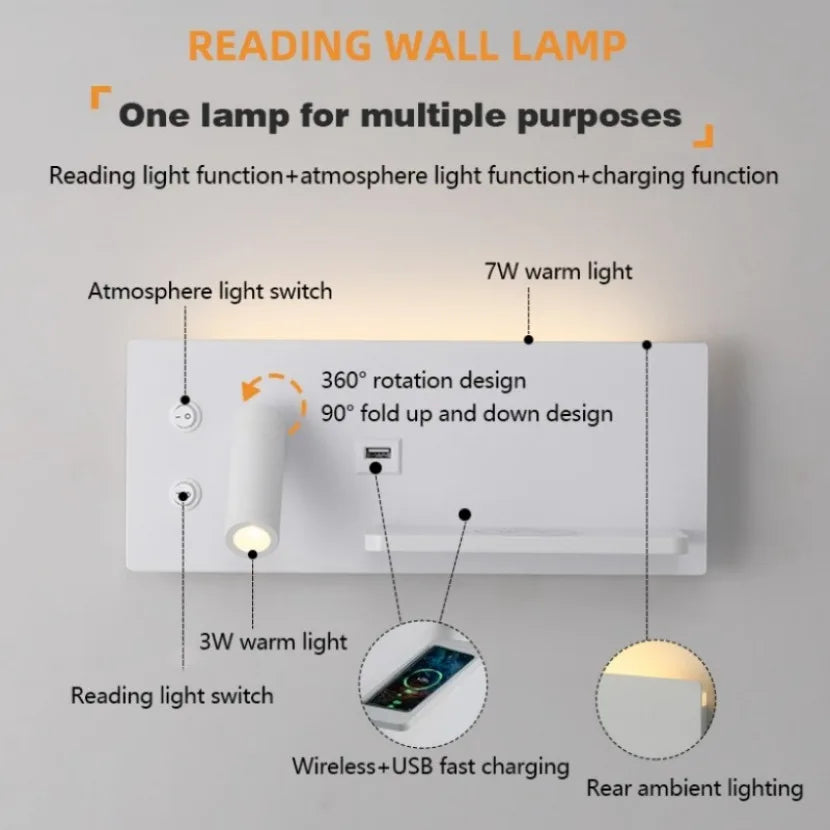 Creative LED Wall Sconce Minimalist Design Wireless Charging USB Interface Night Lamp Indoor Lighting For Living Room Bedroom