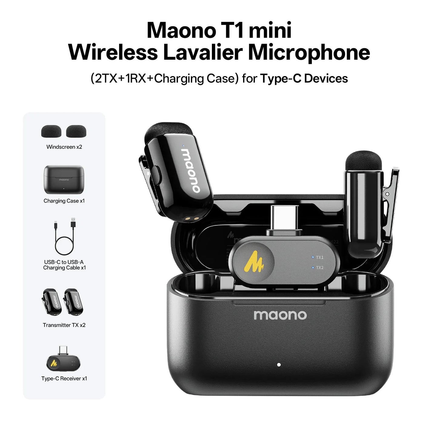 MAONO Wave T1 Mini Wireless Microphones Lavalier Microphone Noise Cancelling App Control Auto Clipping Recording Streaming Mic