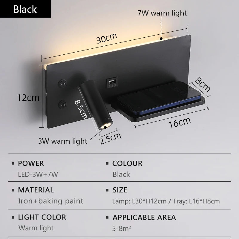 Creative LED Wall Sconce Minimalist Design Wireless Charging USB Interface Night Lamp Indoor Lighting For Living Room Bedroom