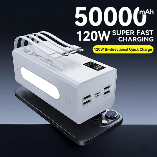 50000mAh Power Bank 120W Fast Charging Portable Charger Built-in Cable External Battery Pack PD USB C LED Display Powerbank