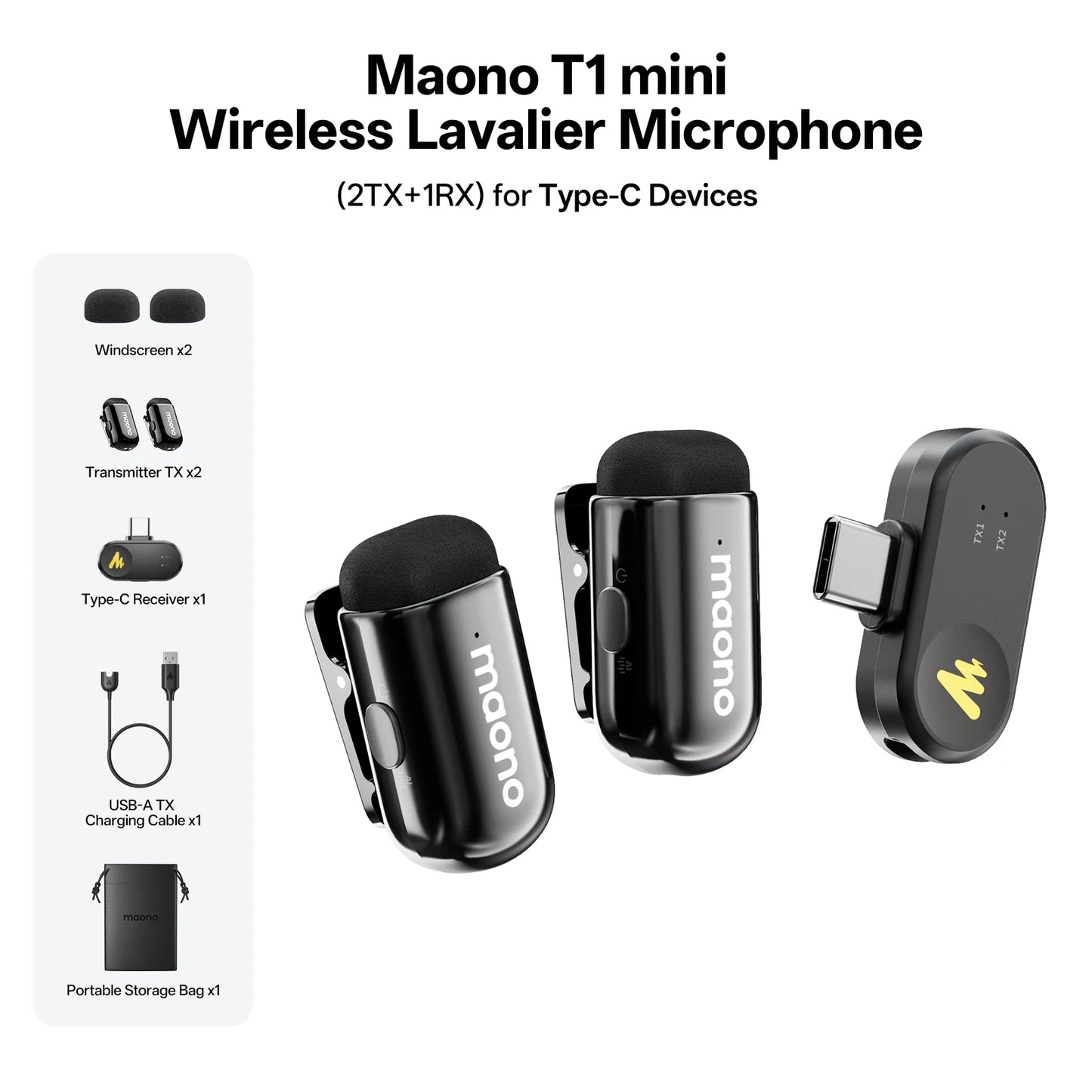 MAONO Wave T1 Mini Wireless Microphones Lavalier Microphone Noise Cancelling App Control Auto Clipping Recording Streaming Mic