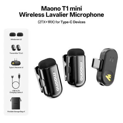 MAONO Wave T1 Mini Wireless Microphones Lavalier Microphone Noise Cancelling App Control Auto Clipping Recording Streaming Mic
