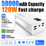 50000mAh Power Bank 120W Fast Charging Portable Charger Built-in Cable External Battery Pack PD USB C LED Display Powerbank