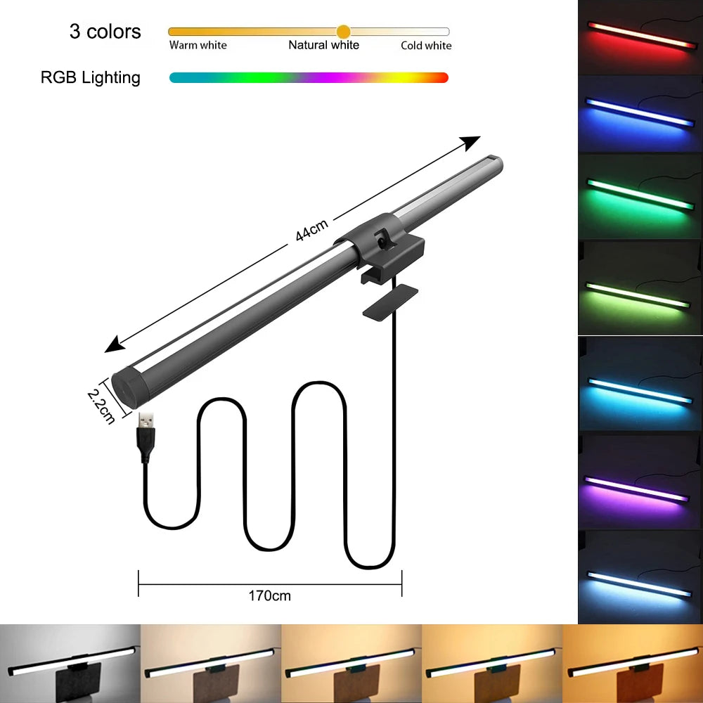 44CM Monitor Light Bar LED Computer Screen Hanging Lights RGB Atmosphere Table Lamp Stepless Dimmable for Work Study Read Gaming
