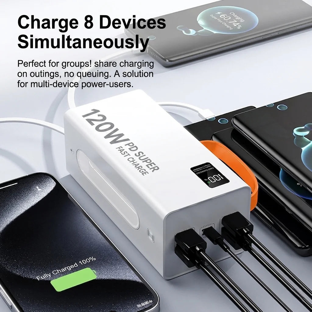 50000mAh Power Bank 120W Fast Charging Portable Charger Built-in Cable External Battery Pack PD USB C LED Display Powerbank